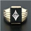 Image 2 : Men's Vintage 14K TT Gold Rectangular Black Onyx & Diamond Ribbed Grooved Ring