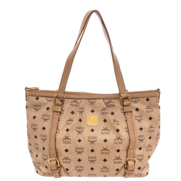 MCM Ivory Canvas Shoulder Bag