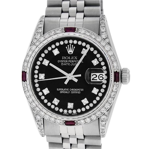 Rolex Mens SS Black String Diamond Lugs & Ruby Oyster Perpetaul Datejust