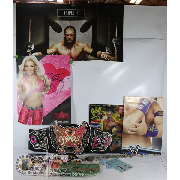LARGE FLAT OF WWE COLLECTIBLES INCLUDING DIVA BELT