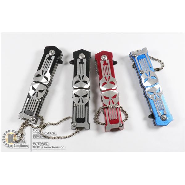 LOT OF 4 MINI SKULL KNIVES 2 BLACK, 1 RED, 1 BLUE