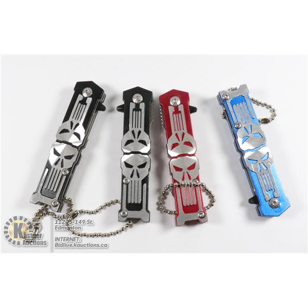 LOT OF 4 MINI SKULL KNIVES 2 BLACK, 1 RED, 1 BLUE