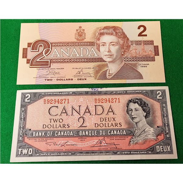 7)  LOT OF 2 CANADIAN $2.00 BANKNOTES,
