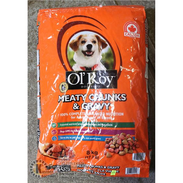 OL'ROY MEATY CHUNKS AND GRAVY DOG FOOD. 8KG.