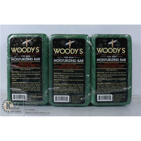 LOT OF 3 WOODY'S FOR MEN MOISTURIZING BAR