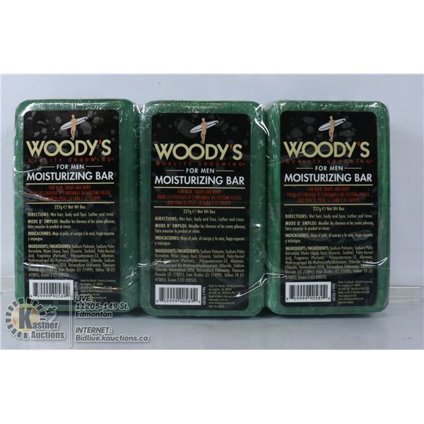 LOT OF 3 WOODY'S FOR MEN MOISTURIZING BAR