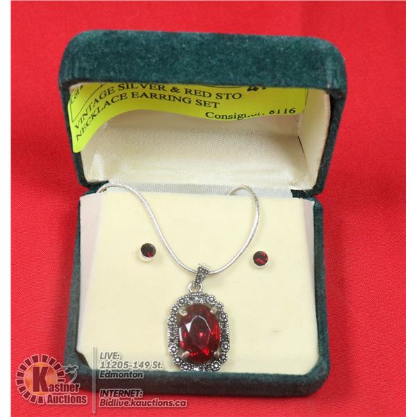 VINTAGE SILVER & RED STONE NECKLACE EARRING SET