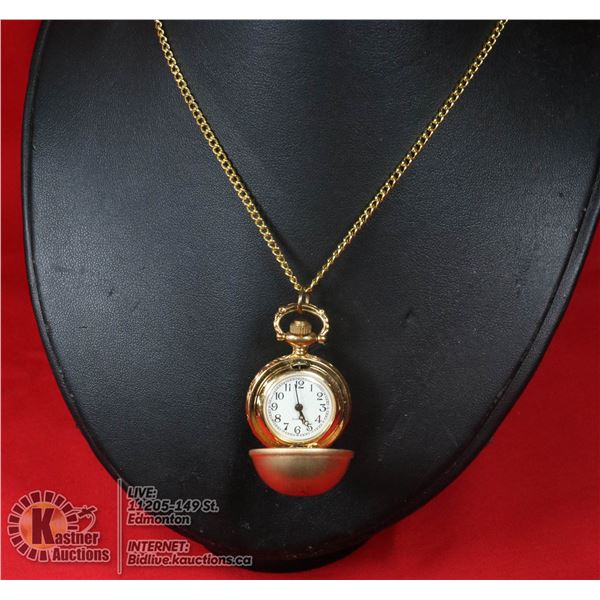 GOLD BALL CLOCK NECKLACE ROUND OPENS UP