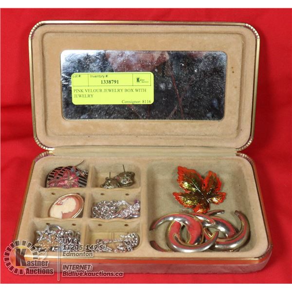 PINK VELOUR JEWELRY BOX WITH JEWELRY