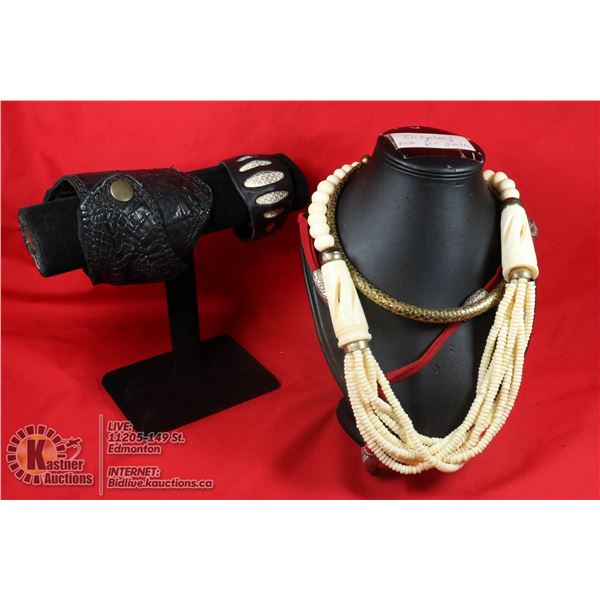 VINTAGE BONE NECKLACE SNAKE LEATHER UNIQUE