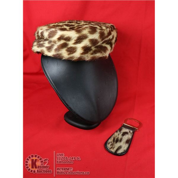 CHEETAH VINTAGE FUR HAT AND KEY FOB TOGETHER