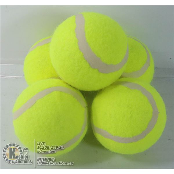 LOT OF FIVE LARGE TENNIS BALLS FOR DOGS.