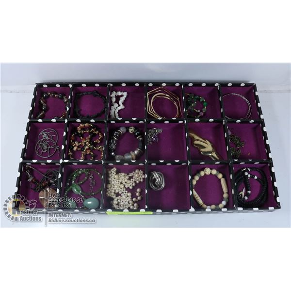 LARGE POLKA DOT TRAY OF STONE JEWELRY & MORE