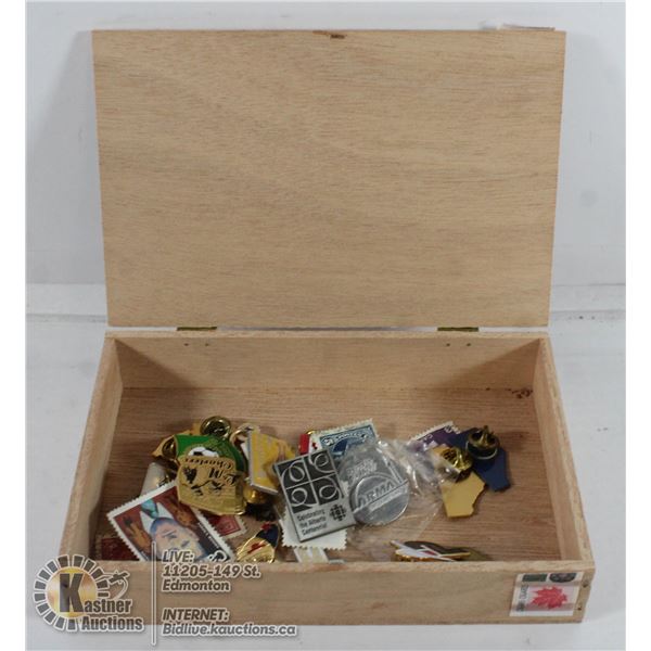 ESTATE BOX OF PINS, COIN, STAMPS ETC