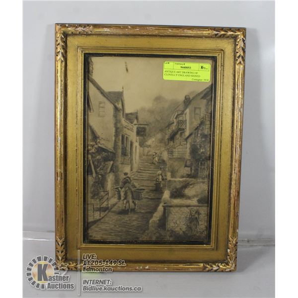 ANTIQUE ART DRAWING OF CLOVELLY ENGLAND SIGNED