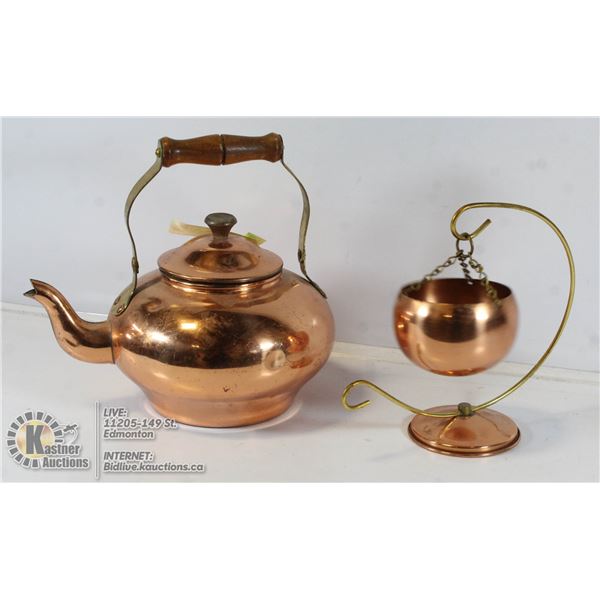 COPPER KETTLE & COPPER PLANTER ON HANGER