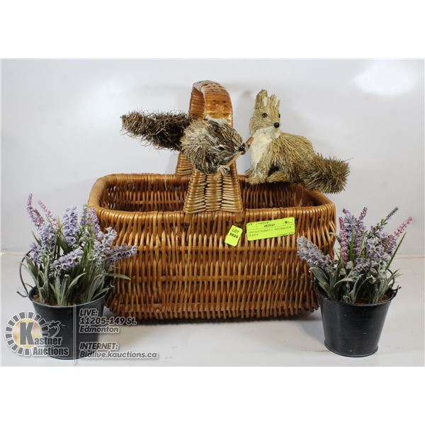 VINTAGE BASKET W/ SQUIRRELS & PLANTS