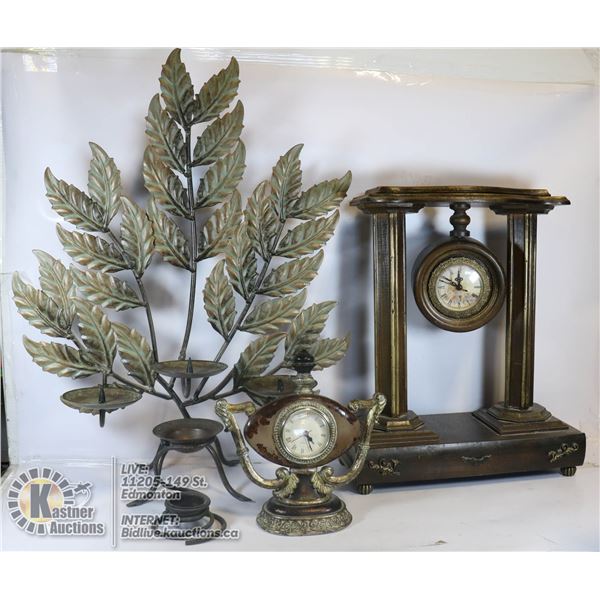 BOX OF DECORATIVE CLOCKS, CANDLE HOLDER ETC.
