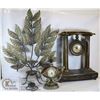 BOX OF DECORATIVE CLOCKS, CANDLE HOLDER ETC.