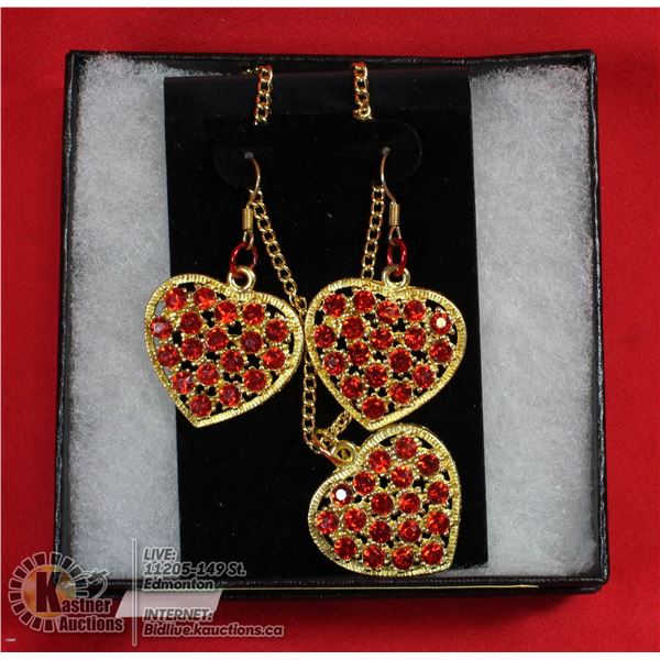 RED HEART RHINESTONES NECKLACE AND EARRINGS SET