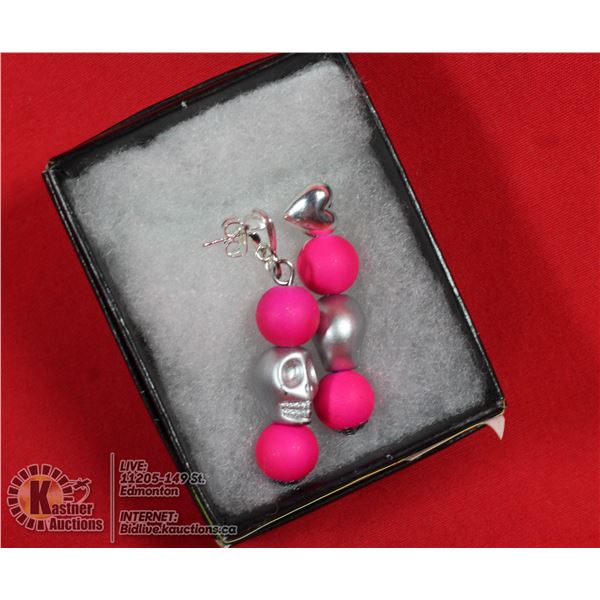 SILVER SKULL W/PINK BEADS ON HEART POSTS