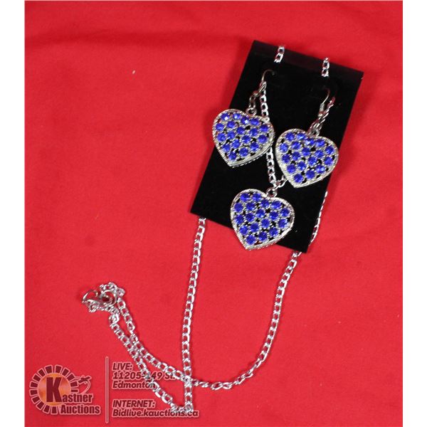 BLUE HEART RHINESTONE NECKLACE AND EARRING SET