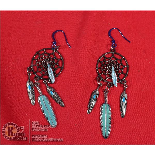 DREAM CATCHER EARRINGS WITH METAL FEATHER ACCENTS
