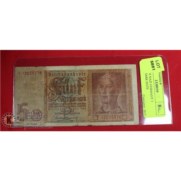 1942 WWII NAZI GERMANY 5 REICHSMARK NOTE