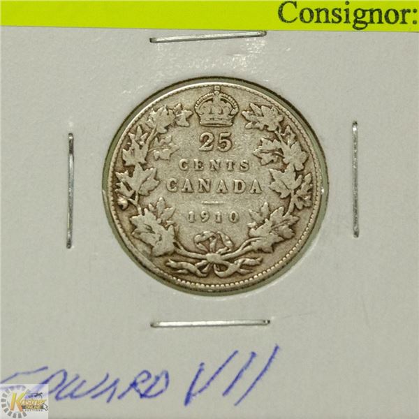 1910 CANADIAN EDWARD VII SILVER 25 CENT COIN
