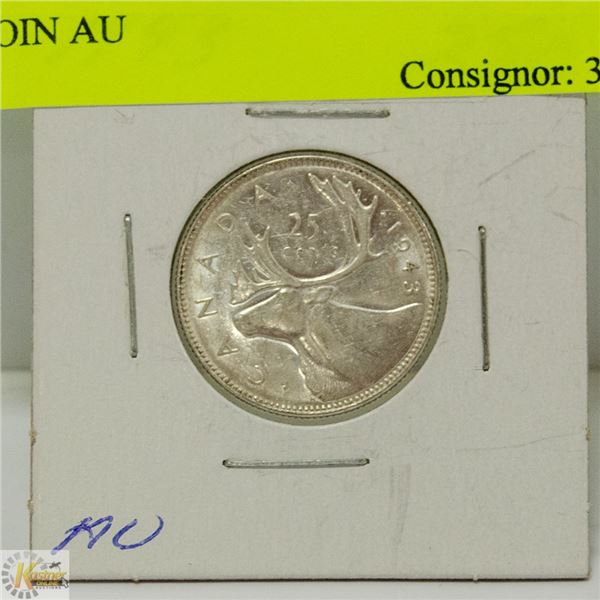 1943 CANADIAN GV SILVER 25 CENT COIN AU