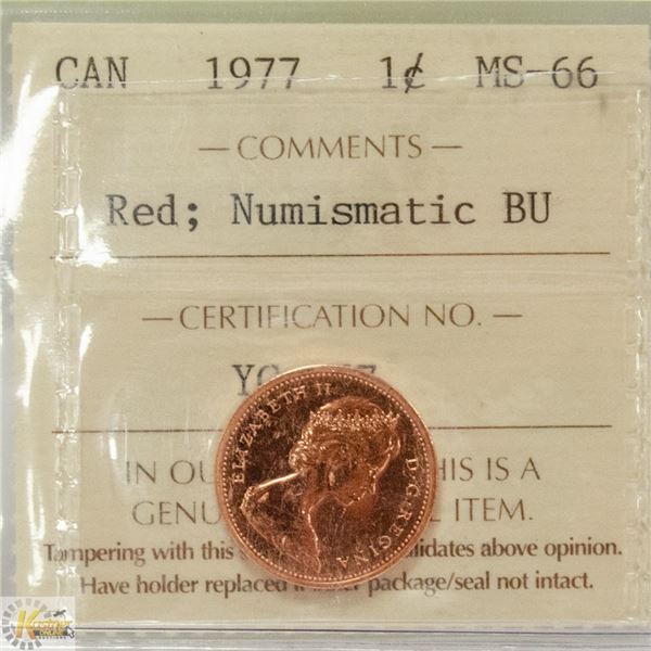 1977 CANADIAN 1 CENT COIN CERT ICCS MS-66 RED