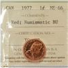 Image 1 : 1977 CANADIAN 1 CENT COIN CERT ICCS MS-66 RED
