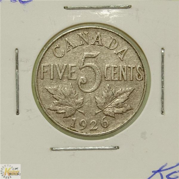 KEY DATE 1926 CANADIAN GV 5 CENT COIN