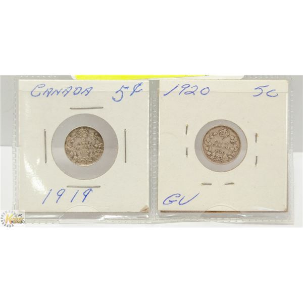 1919, 1920 CANADIAN GV SILVER 5 CENT COINS