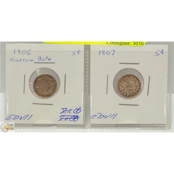 1906, 1907 CANADIAN EDVII SILVER 5 CENT COINS