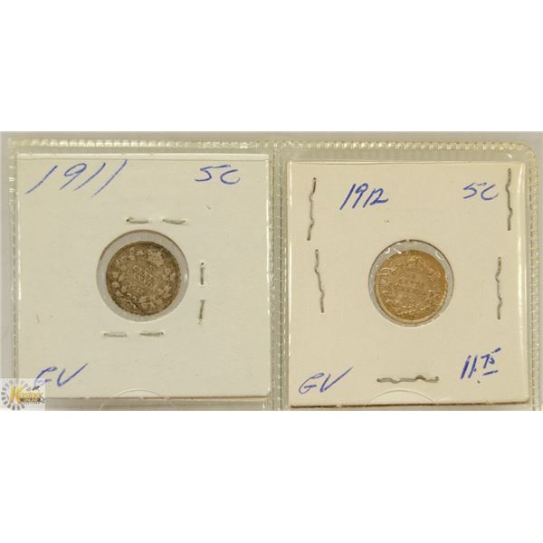 1911, 1912 CANADIAN GV SILVER 5 CENT COINS
