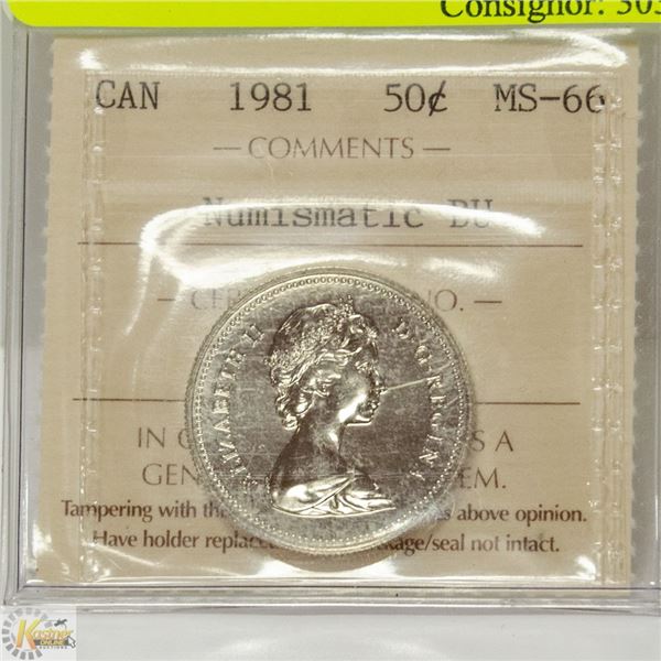 1981 CANADIAN QEII 50 CENT COIN CERT ICCS MS66