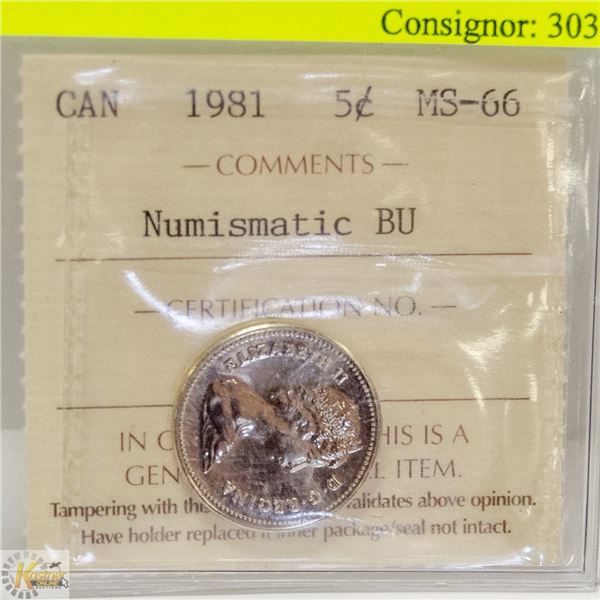 1981 CANADIAN QEII 5 CENT COIN CERT ICCS MS66