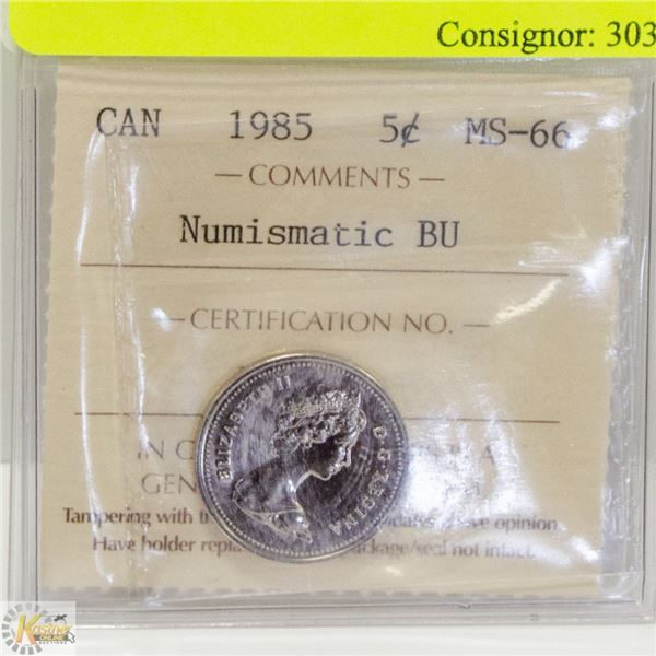 1985 CANADIAN QEII 5 CENT COIN CERT ICCS MS66
