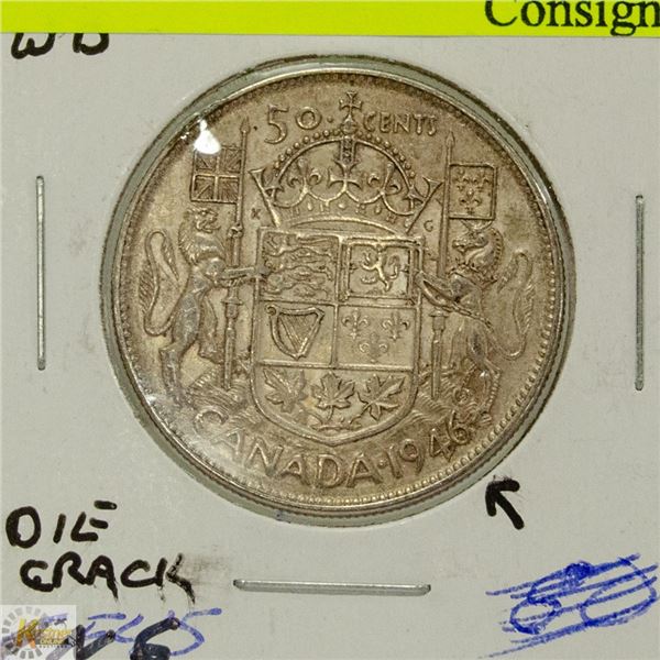 1946 CANADIAN GVI SILVER 50 CENT COIN-DIE CRACK IN