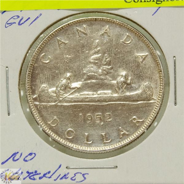 1952 NO WATERLINES CANADIAN GVI SILVER $1 COIN