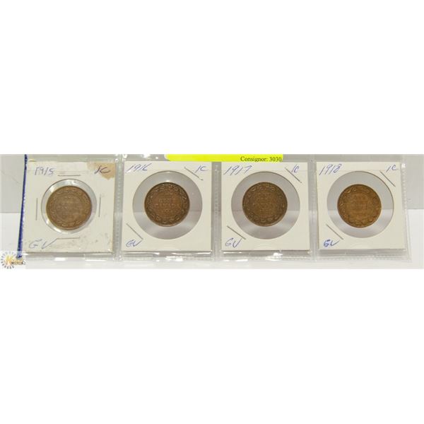 1915-16-17-18 SET OF CANADA GV LARGE 1 CENT COINS