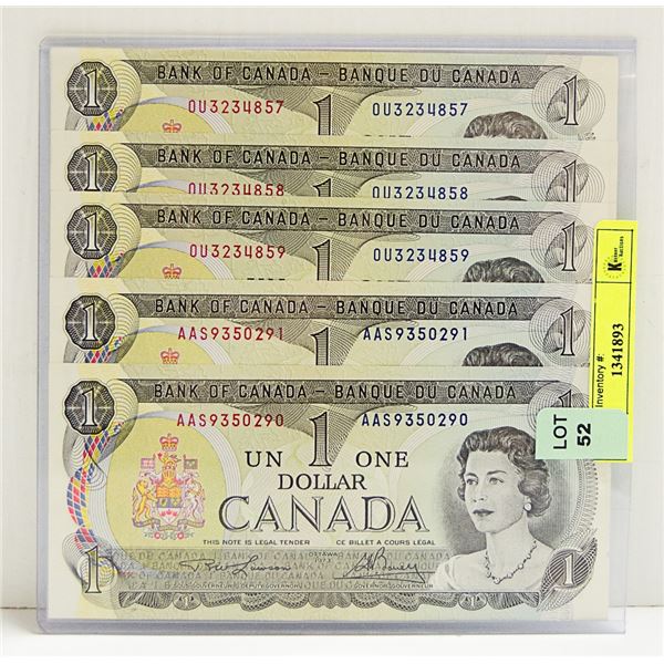 5 X TW0 X CONSECUTIVE NUMBERS $1 DOLLAR BILLS 3 &