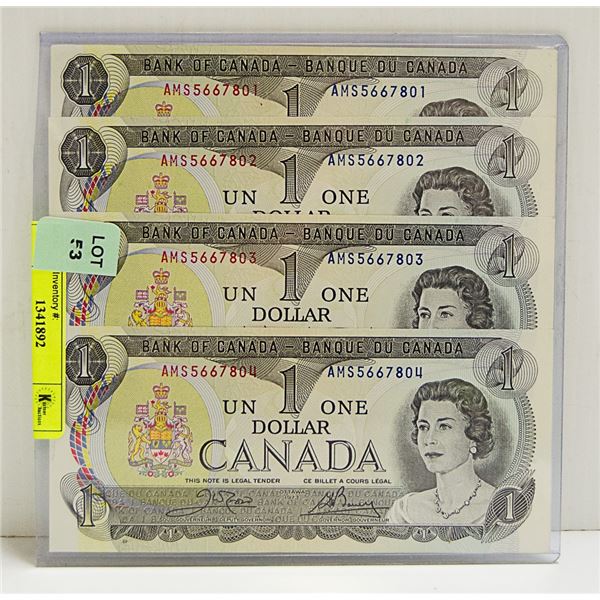 4 X CONSECUTIVE SERIAL NUMBERS DOLLAR BILLS 1973