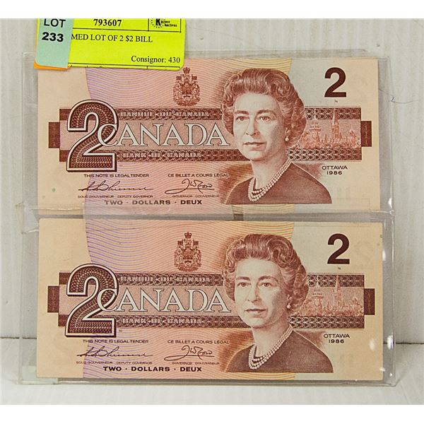 UNCLAIMED LOT OF 2 $2 BILL