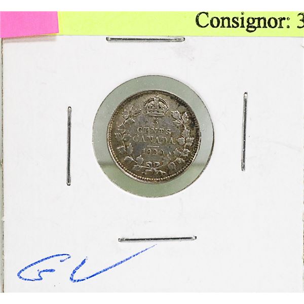 1920 CANADIAN GEORGE V SILVER 5 CENT COIN
