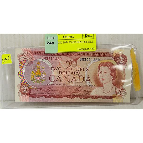 UNCLAIMED 1974 CANADIAN $2 BILL