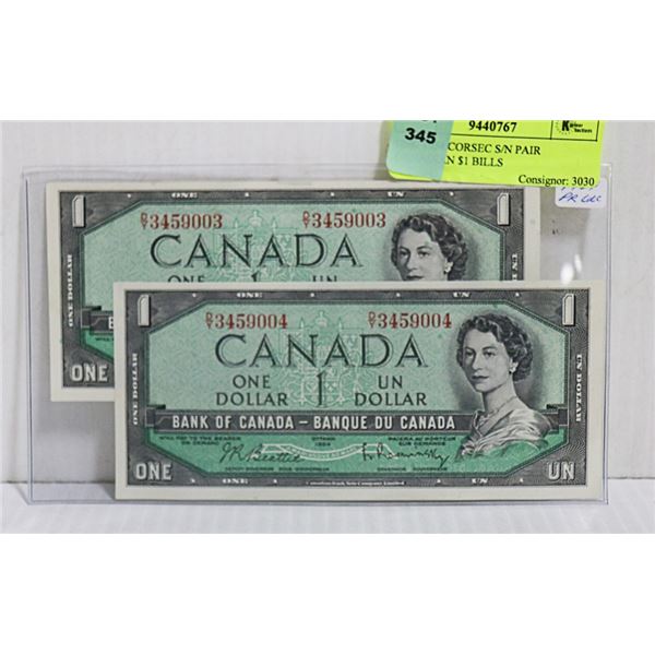 UNC 1954 CONSEC S/N PAIR CANADIAN $1 BILLS