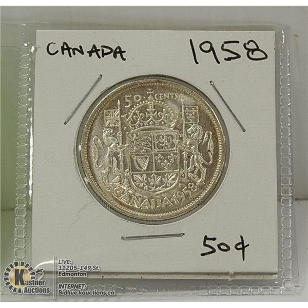 1958 CANADIAN FIFTY CENT SILVER COIN.