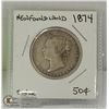 Image 1 : 1874 NEWFOUNDLAND  FIFTY CENT SILVER COIN.